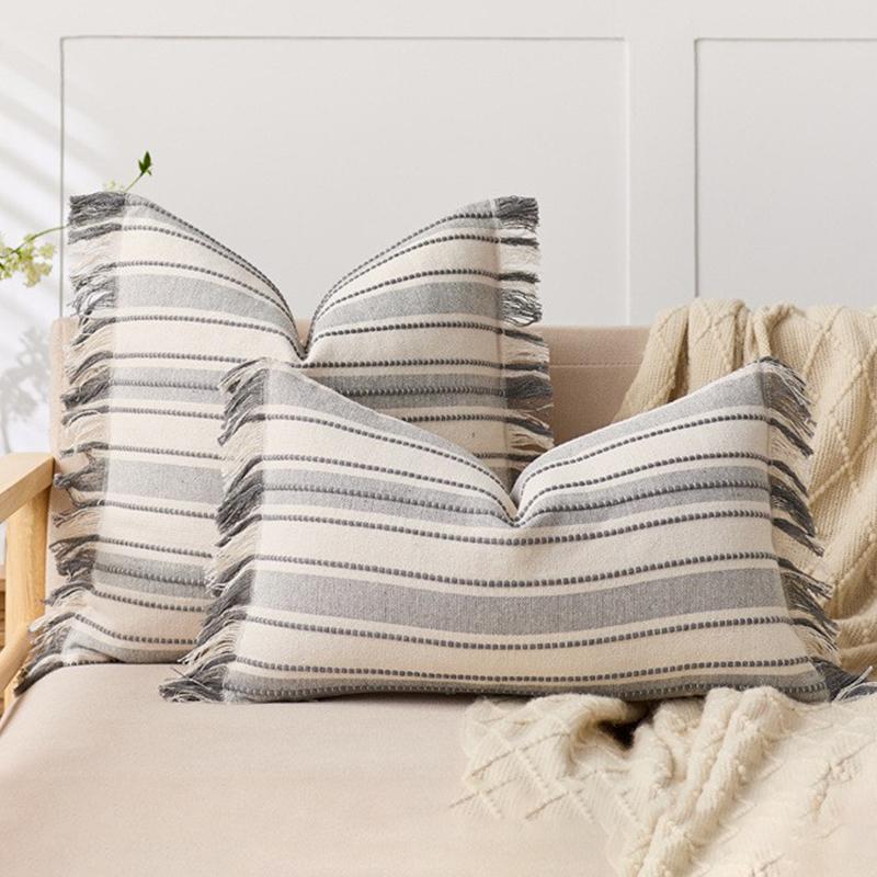 Spring Throw Pillow Covers Striped Pillow Covers with Tassel Boho Farmhouse Cushion Cover for Home Sofa Bed Living Room Decor