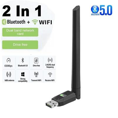 600Mbps USB WiFi Bluetooth 5.0 Adapter and 2.4G 5GHz Dual Band Wi-Fi Antenna 802.11ac Card USB Ethernet Receiver Wireless Network for Computer
