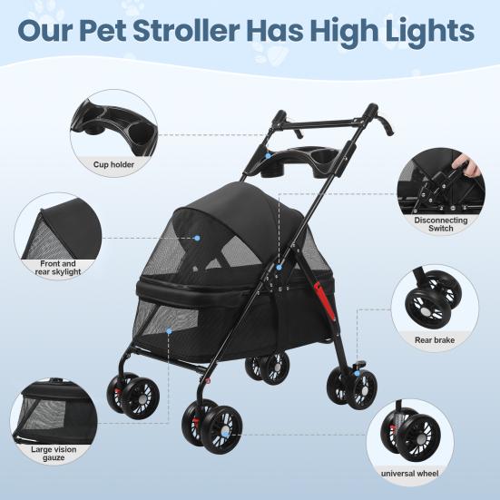 Dog Travel Stroller 4 Wheels Pet Stroller, Folding Jogger with Adjustable Handle, Breathable 4-Wheels And Visible Mesh, Cup Holder for Small