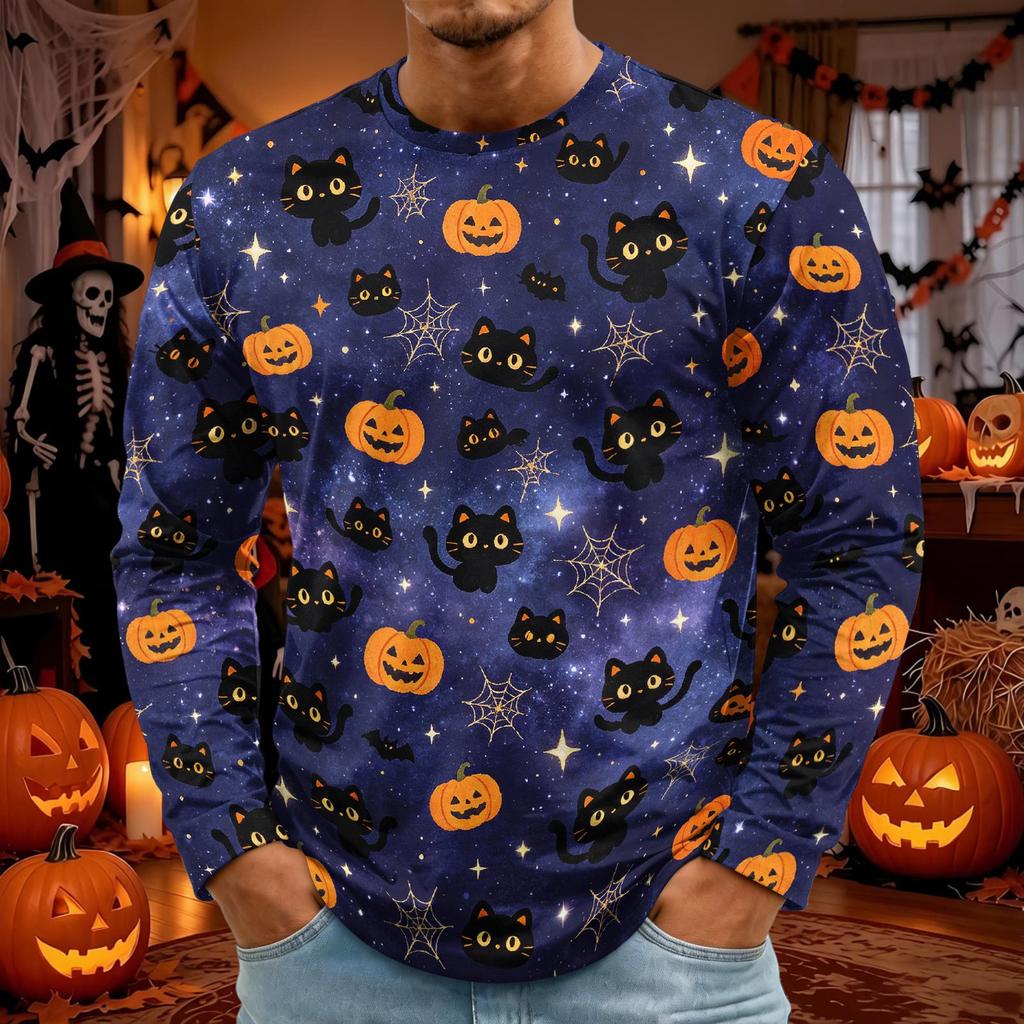 Men's Halloween Print Long Sleeve Neck T-Shirt for Party and Casual Wear