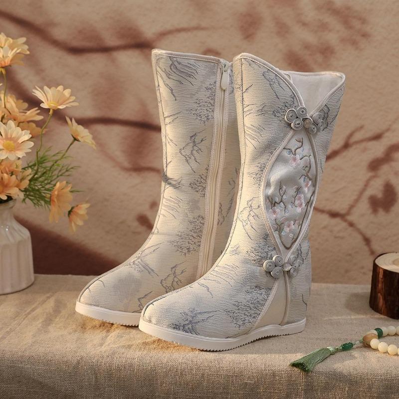 Winter Warm Mid-Calf Boots for Women Slip On Faux Fur Lining Embroidered Snow Booties Women's Comfortable Fleece Lined Side Zipper Walking Boots Shoes