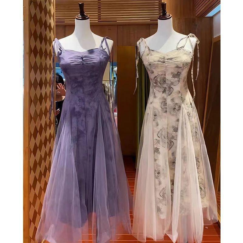 Splendido Abito Estivo, Design a Bretelle e Rete Moda Chinoiserie Abito da Fata alla Moda