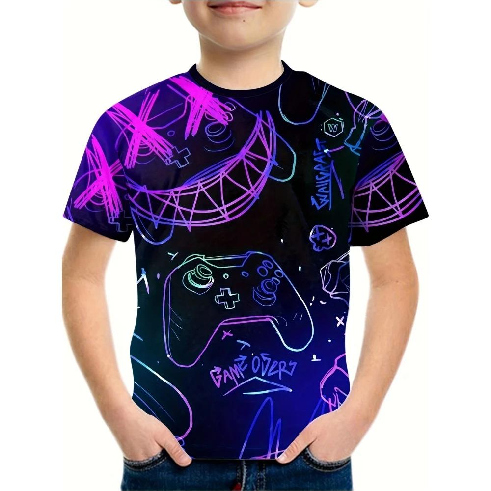 T-Shirt for Kids 3D Print Gamepad Doodle Boy's T-shirts Casual Round Neck Short Sleeves Tees Tops Summer Girl Clothing