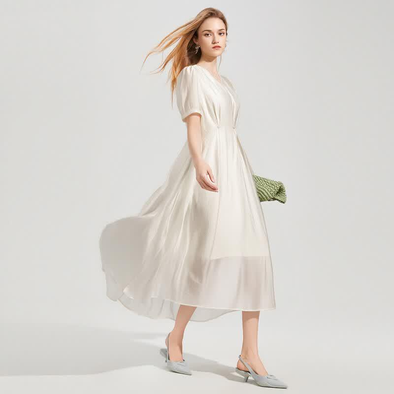 Shetu Elegant French V-Neck Short-Sleeve Midi Dress S