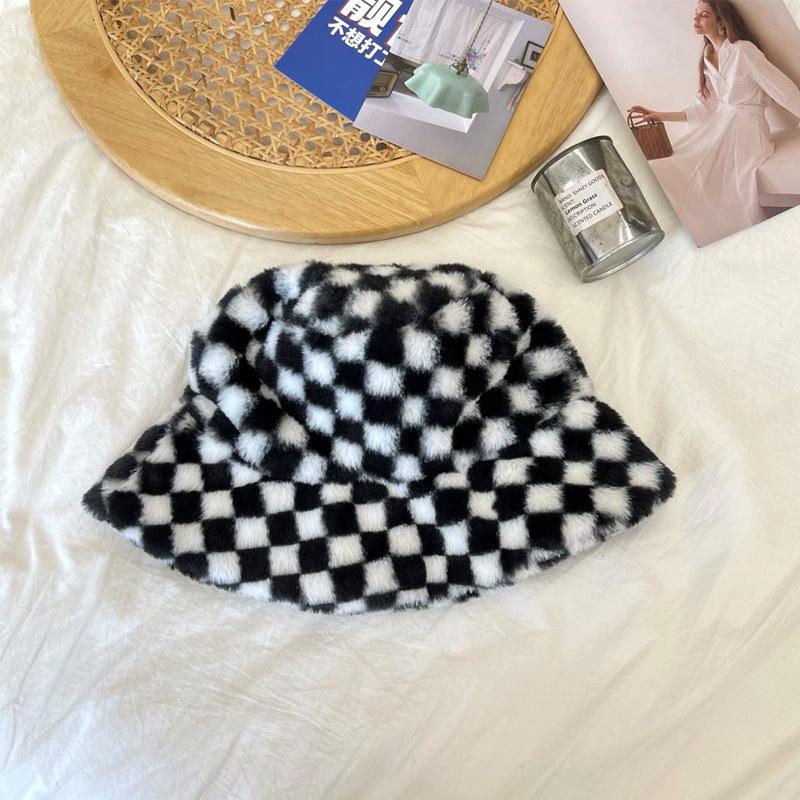 Plaid Fashion Checkerboard Plush Fishermans Hat Female Autumn And Winter Warmth