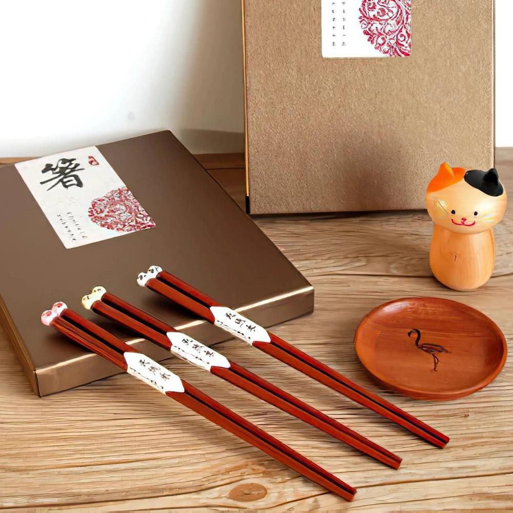 6 Pair Wood Chopsticks Chinese Brown Cartoons Non-Slip Reusable Sushi Tableware Food Stick Festival Household Kitchen Supplies