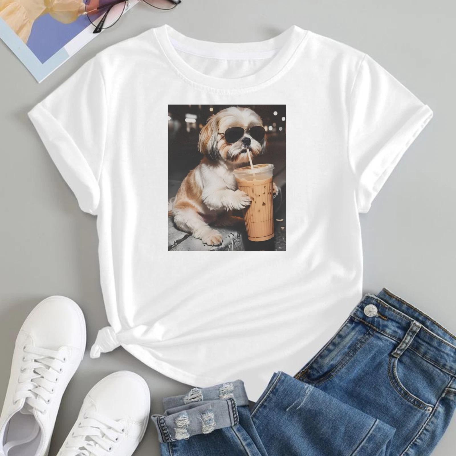 

Funny Shih Tzu T-shirt Drinking Iced Coffee Dog Lover 100% Cotton Graphic Tee S