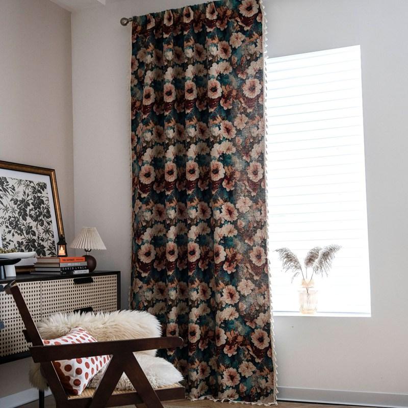 Polyester Cotton American Style Retro Jacquard Tassel Oil Painting Curtain Living Room Semi-shading Drape Kitchen Valance