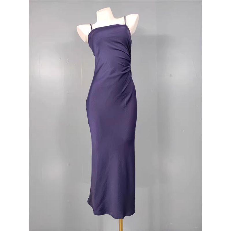 Foreign Trade Order Ho Home Sling Smooth Satin Wrap-around Square Collar Pleat Split Temperament Elegant Summer New Dress