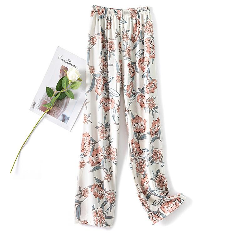 Pantaloni de pijama din bumbac mătase pentru femei, secțiune subțire de vară, anti-țânțari, pantaloni cu picior lat, culoare uni, pentru exterior, casă, petrecere a timpului liber, imprimeu, pantaloni de plajă până la genunchi