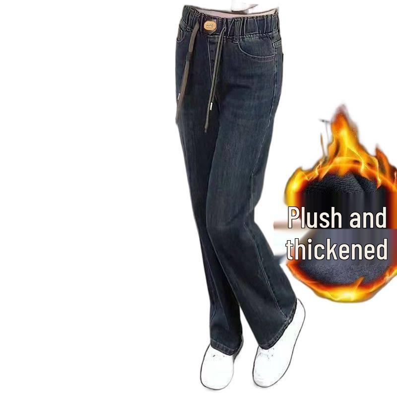 2025 Elastic Fleece-Lined High-Waisted Slimming Straight-Leg Jeans for Autumn/Winter