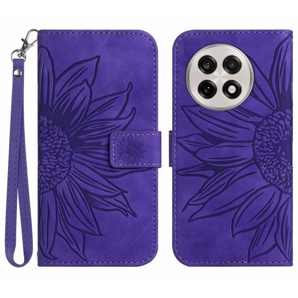 For OnePlus 13R 5G Case Sunflower Imprint Leather Wallet Phone Cover with Wrist Strap