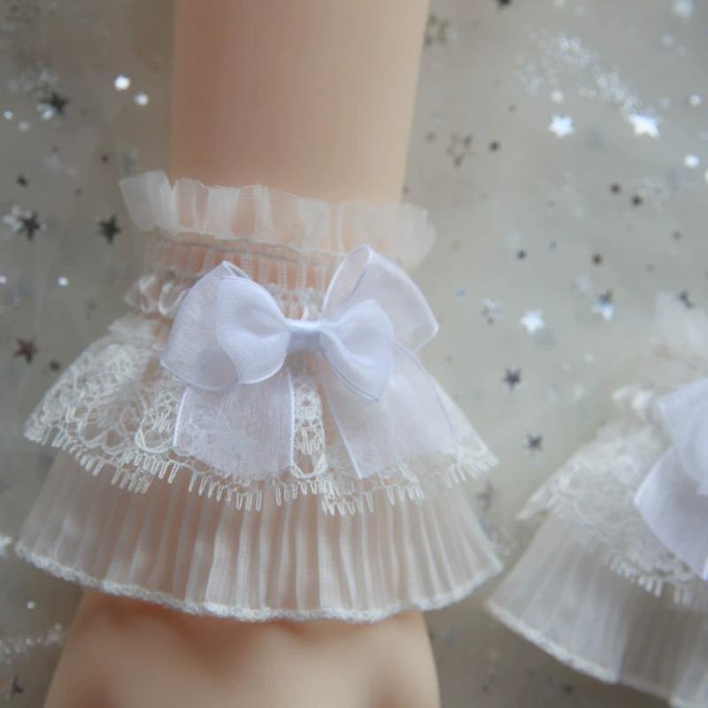 Sweet Lolita Hand Sleeve Cute Fairy Wrist Cuffs Ruffled Bow Lace Pleated Fake Cuffs Decoration Cosplay Accessories