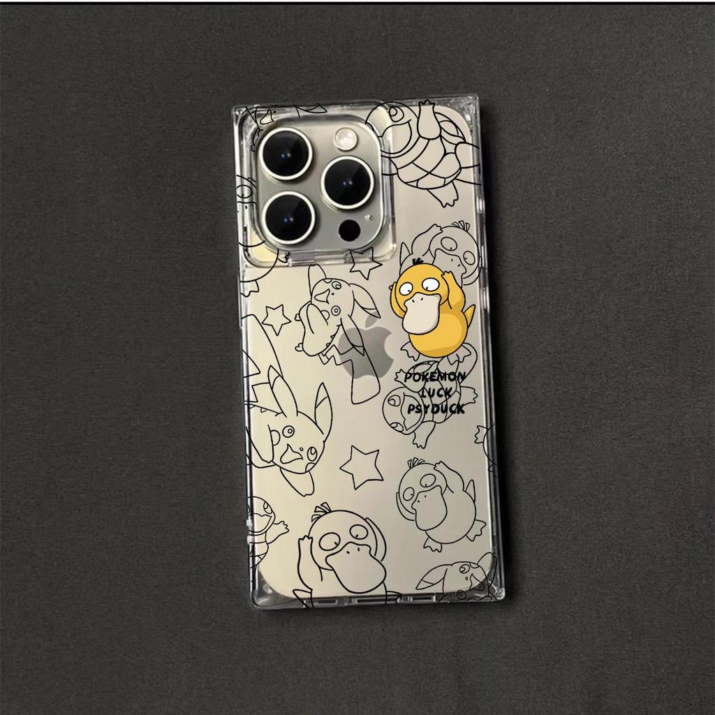 Transparent Square Back Tube Case Casing Protection For iPhone 14 Pro Max 13 11 12 16 ProMax 15 Plus Anti-Oxygen,Luck Psyduck Pattern