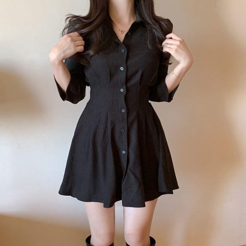 Elegant Single-Breasted Slimming Puff Sleeve Petite A- Line Dress Sweet Aesthetic Lapel Waist-Fitted Ideal