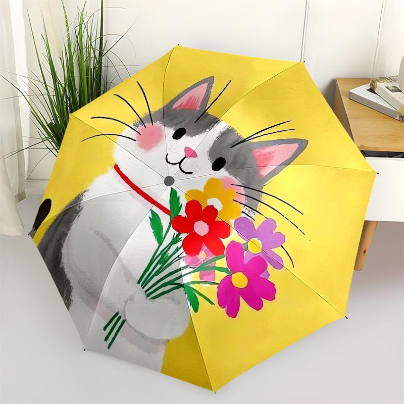 1pc Flower Cat Illustration Umbrella with Plastic Handle,Compact & Stylish,Cartoon Pattern,Outdoor UmbrellaPT498