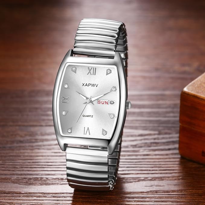 Stylish Silver Couple's Watches, One Size Fits All: Analog Display, Day of the Week Calendar, Stainless Steel Quartz Movement, Leisure, Business,