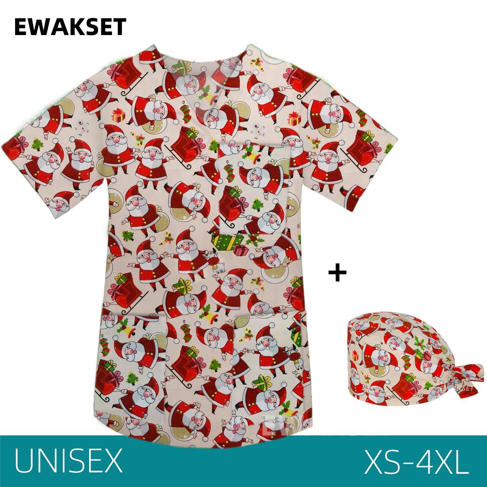 EWAKCOT Christmas Printed Scrub Tops Women Men Working Blouse Nurse Doctor Nursing Medical Accessories T-Shirt Unisex