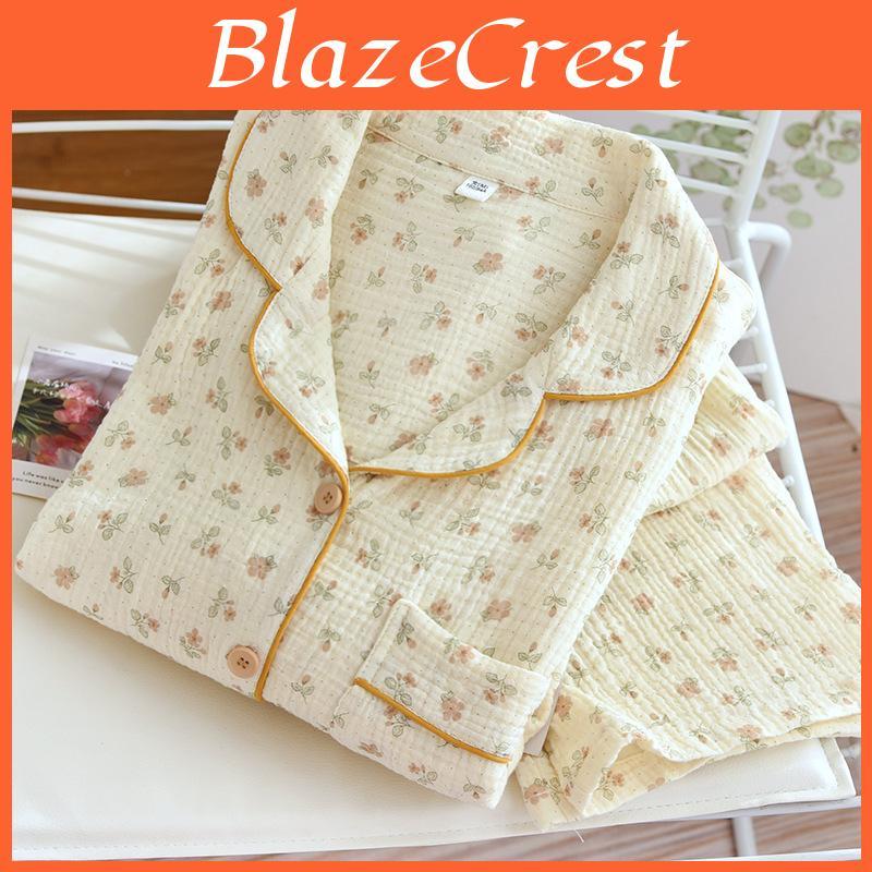 Pajamas Women 100 Set 2piece Cotton Gauze Long Sleeved Pants Floral Print Pajamas Homewear Ladies Pajamas Women Sleepwear