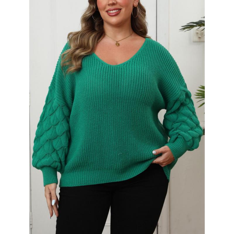 

Plus Size Women s Sweater Ladies Pineapple Sleeve Patchwork Deep V Knitted Base Shirt Casual Pullover Top 3XL зелений