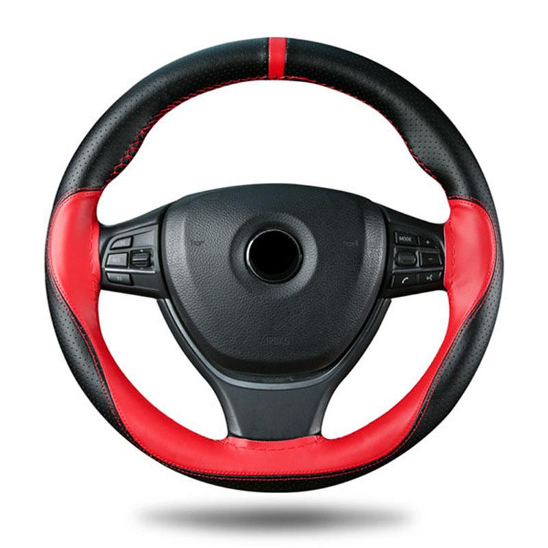 Hand-Sewn Sporty Color-Block Microfiber Leather Steering Wheel Cover All-Season Universal Fit Car Accessory