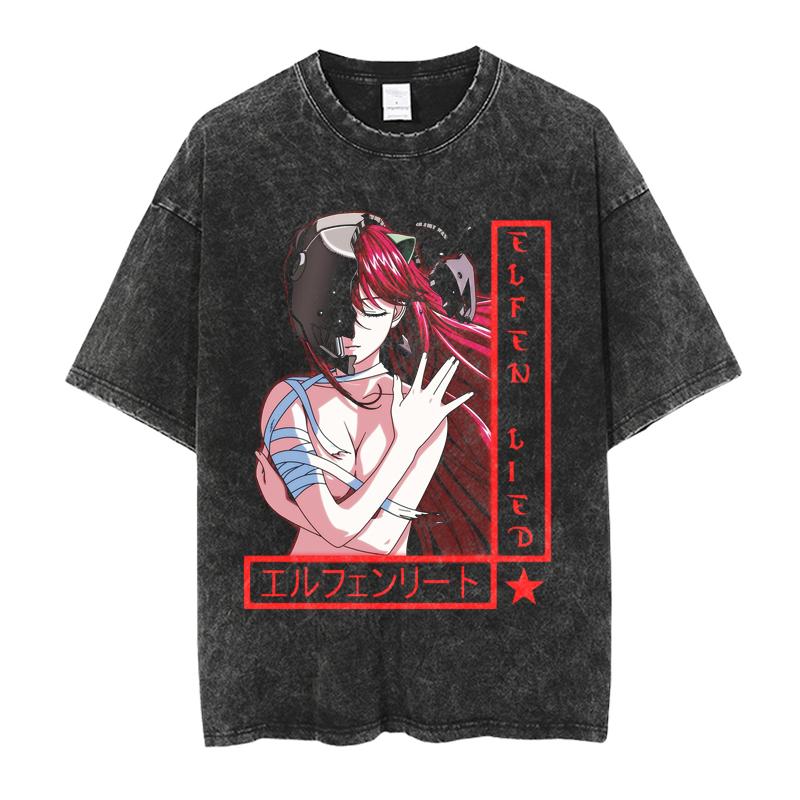 Elfen Lied Lucy Manga Graphic T-shirt Vintage Washed Oversized T Shirt Men's Women's Clothing Pure Cotton
