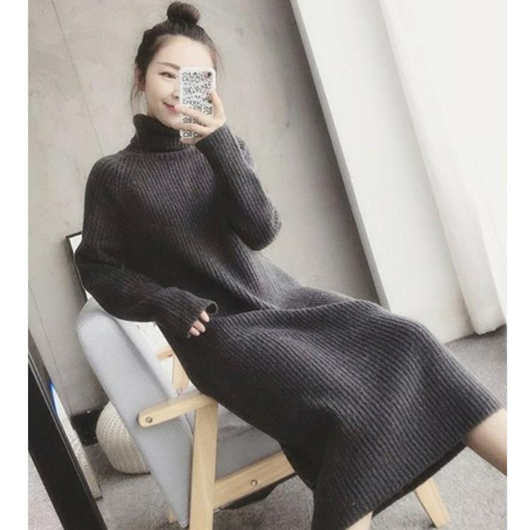 

Осенне-зимнее трикотажное платье с длинными рукавами в ленивом стиле, длинный пуловер с высоким воротником, толстая юбка-свитер, женская базовая рубашка One size темно серый