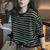 Korean Early Autumn Fashion Long Sleeve Tee Spring Fall Versatile Women Green Stripe Color Block Patch Top