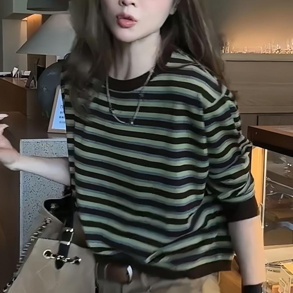 Korean Early Autumn Fashion Long Sleeve Tee Spring Fall Versatile Women Green Stripe Color Block Patch Top