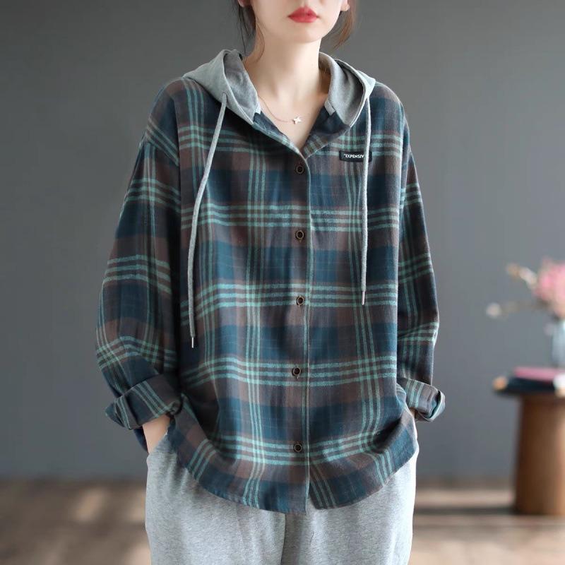 Autumn Japanese and Korean Single-breasted Plaid Brushed Long-sleeved Shirt Women's Casual Large Size Casual Hooded Shirt