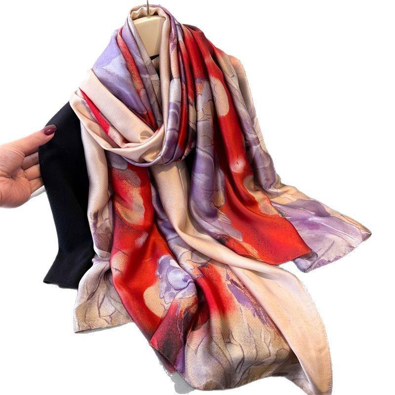 Spring and summer thin printing simulation silk brocade sunscreen contrasting flower silk scarf long scarf shawl versatile headscarf scarf