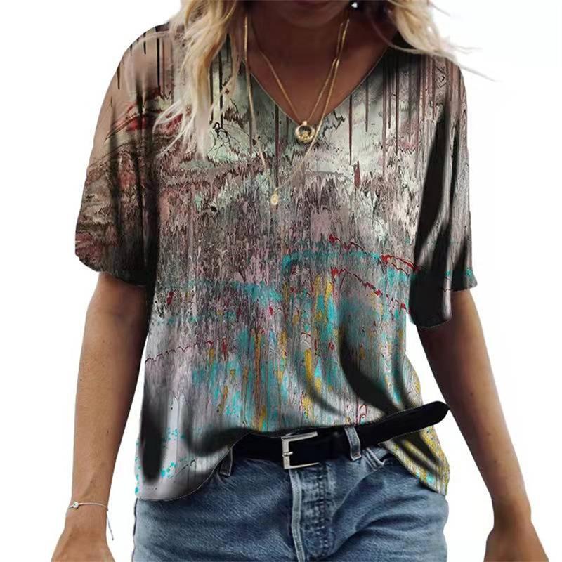 Damski T-shirt z krótkim rękawem i dekoltem V Luźny T-shirt Miejski Casual Nadruk 3D Damska Podstawa
