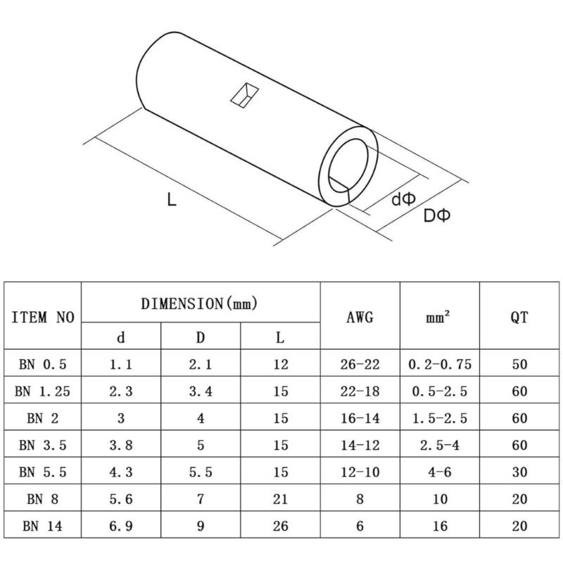 300Pcs NonInsulated Butt Connectors Butt Terminals Electrical Wire Connectors Tinned Copper Crimp Splices Cable Ferrules