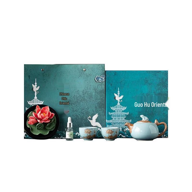 Hongyu Lotus Ceramic Design Tea & Aroma Gift Set (1 Pot, 2 Cups)
