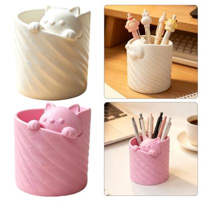 Jijijing 3D Printed Pen Holder, Cat Shape Large Capacity Hollow Barrel Desk Organizer for Gel Pens Pencils Makeup Brushes, Cute Girlish Decor