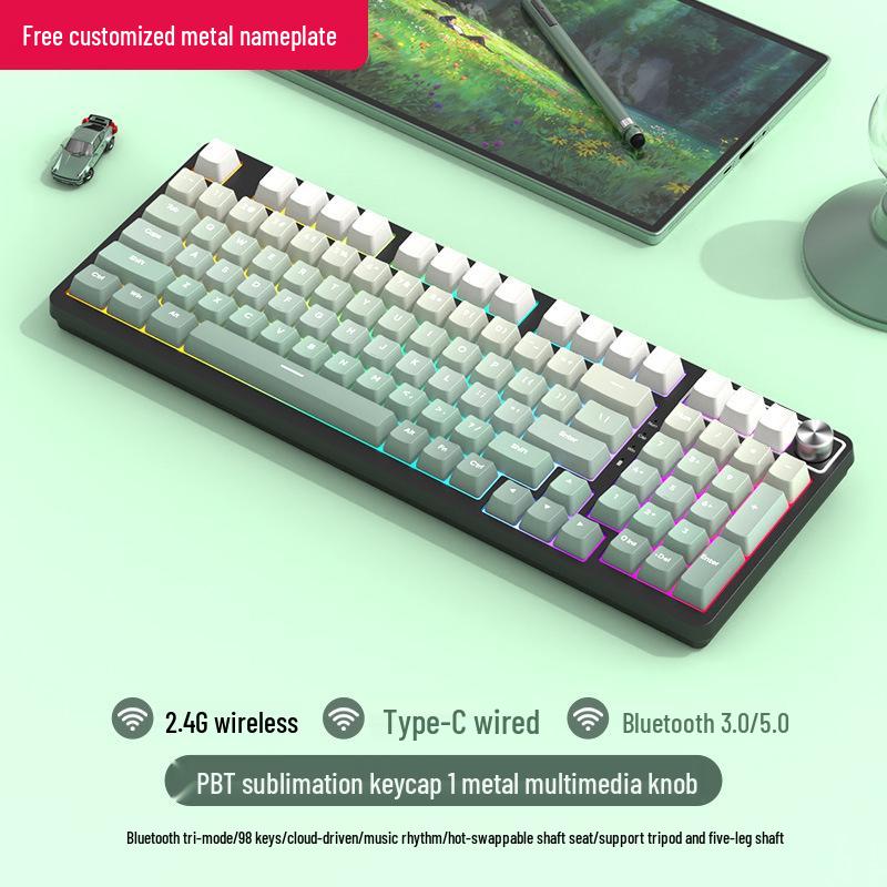 98-Key Wireless Bluetooth Mechanical Keyboard - Blue Switches, PBT Gradient, Gaming/Office, Customizable.
