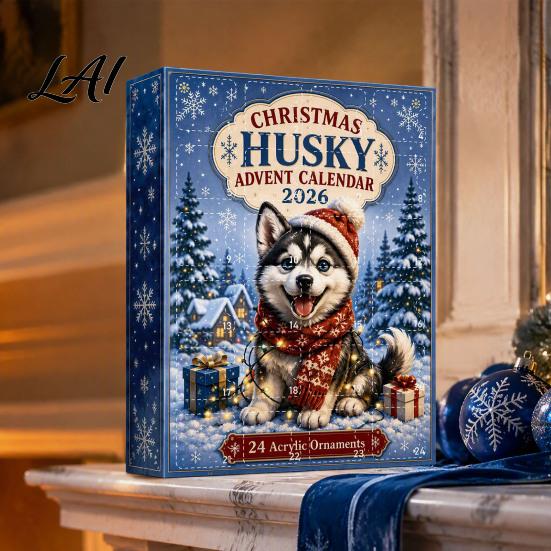Holiday Countdown Collection Husky Christmas Advent Calendar 2026 with 24 Unique Acrylic Pendants for Tree Decorations Party Favor Cute Dog