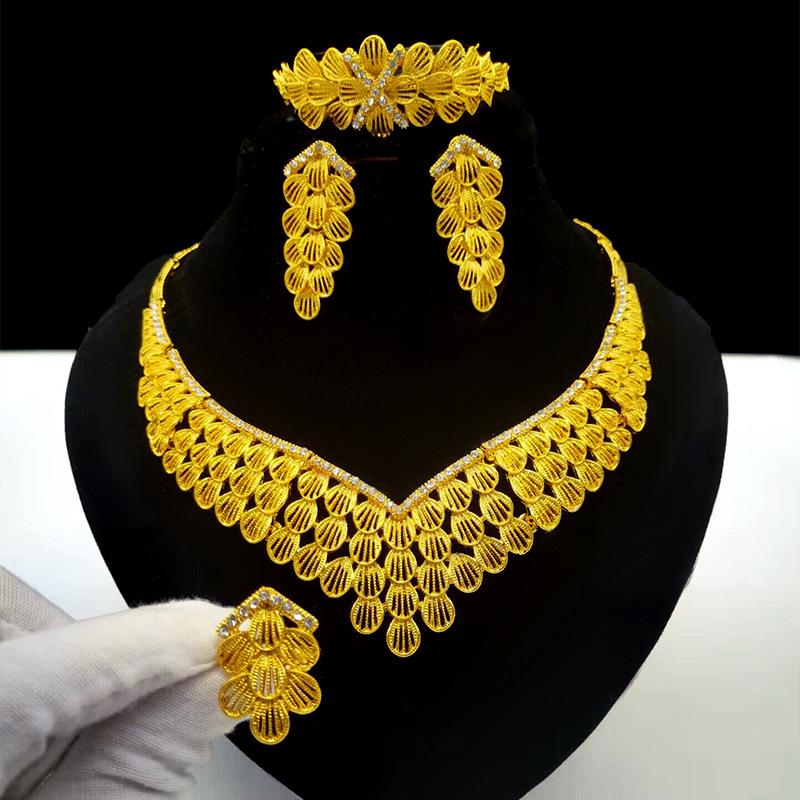 Dubai Jewelry 24k Gold Plated Bridal Jewelry Set Necklace Earrings Middle East Dubai Gold Wedding Jewelry Four-piece Set