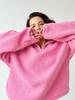 Trendy Pink Lambswool Stand-up Collar Sweatshirt - Loose Fit, Long Sleeve, Versatile for Autumn/Winter Fashion.