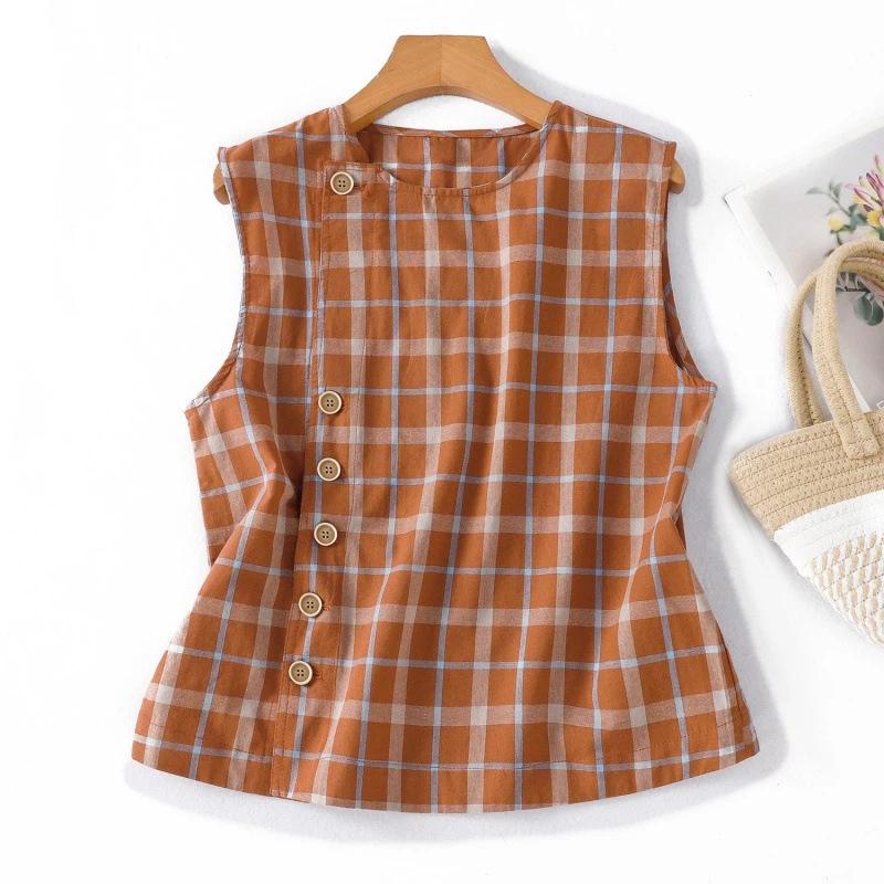 Women Round Neck Asymmetric Button Sleeveless Plaid Linen Cotton Blend Vest M оранжевый