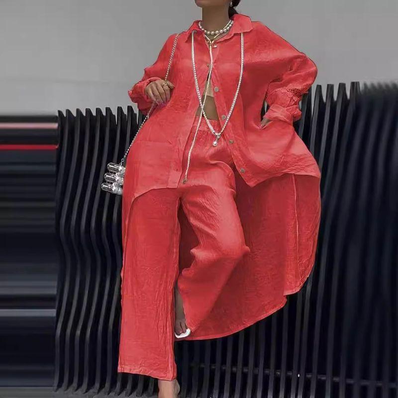 Casual Foreign Trade Irregular Hem Long sleeve Top Pants set Women Irtop Regular Pants Set