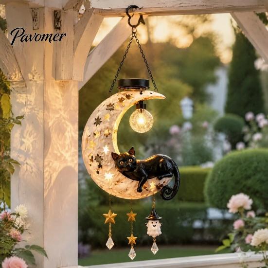 Decorative Solar Lights for Balcony Owl/Cat Moon Hanging Light, Outdoor Garden Wind Chime with LED Powered Fairy Tale Waterproof Resin Lamp,