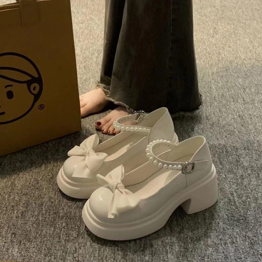 Fashion New Luxury Women's British Style Small Leather Shoes with Pearl Sweet Bow Mary Jane Coarse Heels, Versatile Casual Women's Shoes