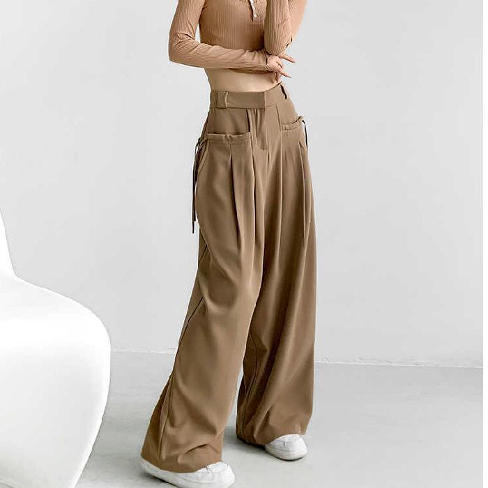Vintage Style High-waisted Drape Trousers Women Design Sense Side Lacing Fluttering Casual Straight Wide Leg Pants