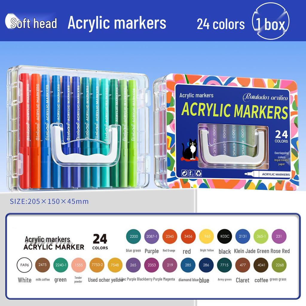 Akrylmarkör med mjuk spets och direktbläck & Staplingsbar låda – Blöder inte igenom, Stark täckning för grundskoleelever