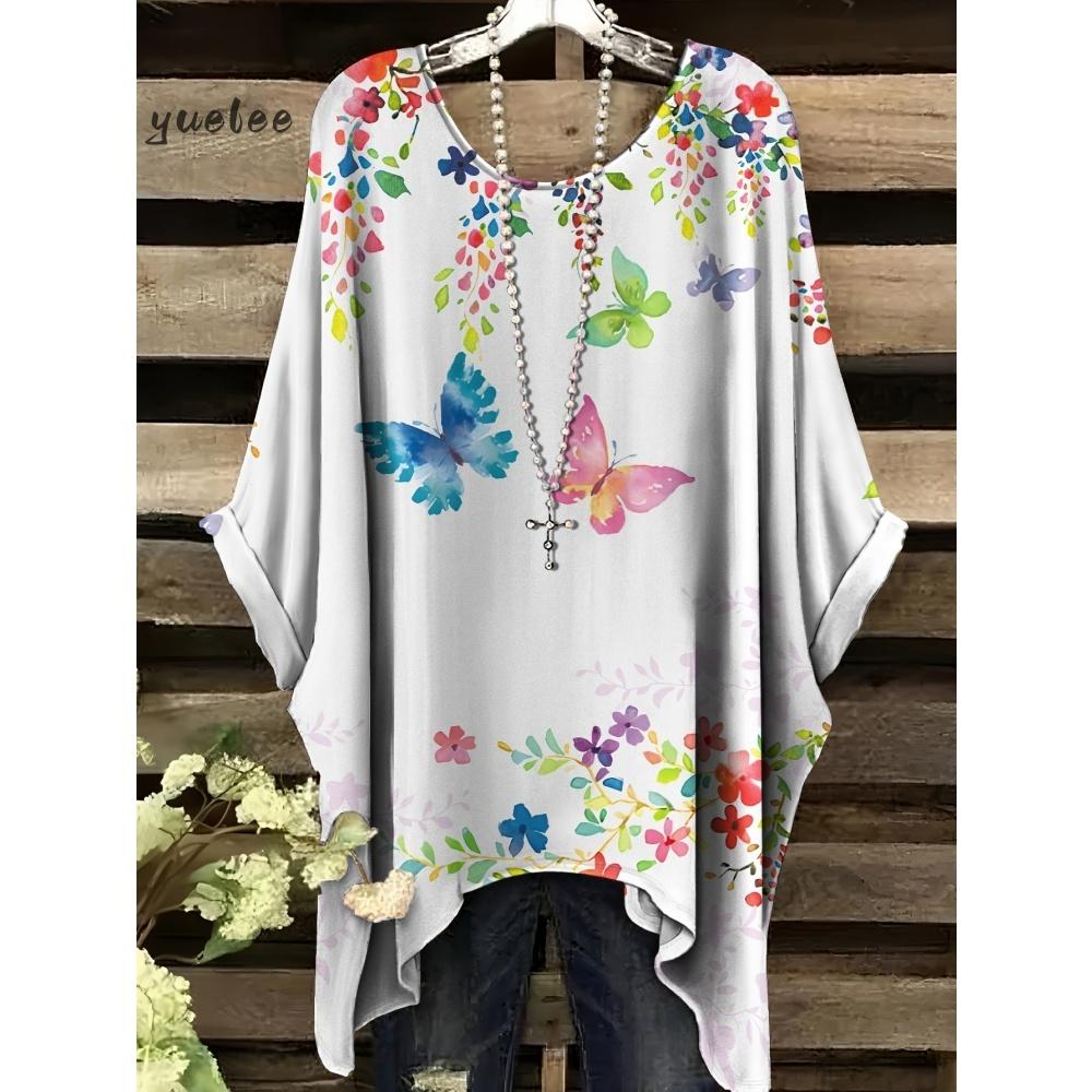 T-shirt da Donna Stampa Floreale Colorata Girocollo Top Orlo Irregolare Manica Corta Taglie Forti Abbigliamento da Donna Casual per Esterno