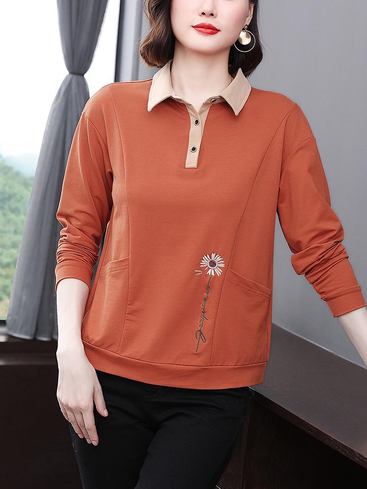 Herbst Baumwolle Langarm Umlegekragen Übergröße Oberteil für Damen
