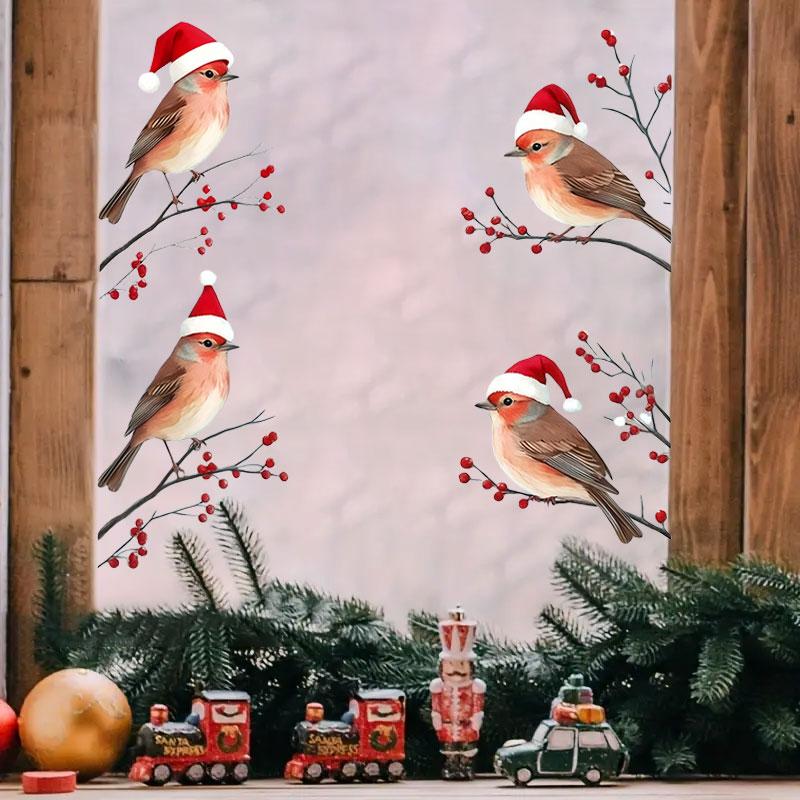 1Set Christmas Four Birds In Santa Hats and Red Berry Branches Window Sticker Self-adhesive Wall Stickers Door Glass Vinyl Decal