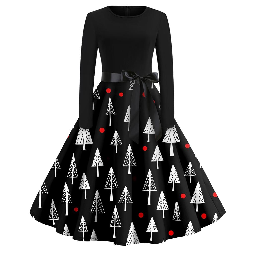 Halloween Print Flare Dress For Women Long Sleeve Dress Hollow Party Casual Round Neck Dresses