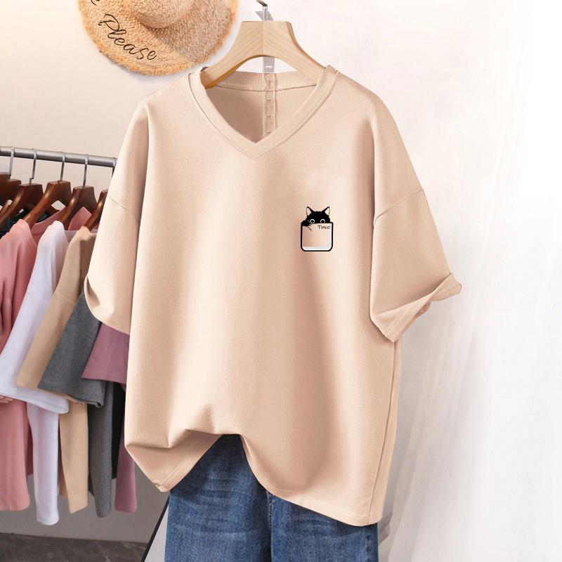 

Футболка с коротким рукавом, Свободного кроя, Приталенный топ с V-образным вырезом с принтом для женщин 5XL абрикосовый